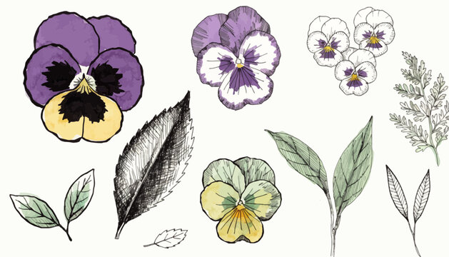 Hand-drawn purple pansies and leaves doodle illustration set