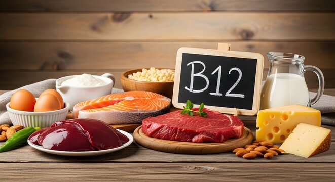 Essential Vitamin B12 Food Sources Arranged on a Rustic Wooden Table for Healthy Nutrition
