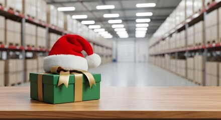 Fototapeta premium Christmas Gift Box with a Santa Hat Placed on a Wooden Table in a Large Distribution Warehouse