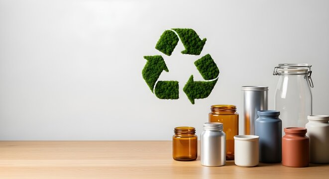 Sustainable Waste Management Practices Featuring Glass Containers and Green Recycle Symbol Sign