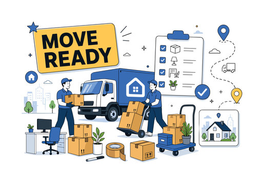 Moving Service Logistics. Banner scene about relocation service with two movers beside an oversized moving truck and a large packing checklist, courier box, office move desk, loader cart, tape roll,