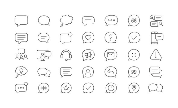 Speech Bubble Collection. Minimalistic set one-line drawing speech bubble, talk bubble, cloud bubble, chat message, typing dots, quotation bubble, message thread, comment bubble, notification bubble,