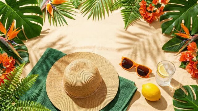 Straw hat sunglasses and green towel on sandy beach with tropical plants and lemon water glass. Summer vacation essentials surrounded by monstera leaves bird of paradise and hibiscus flowers
