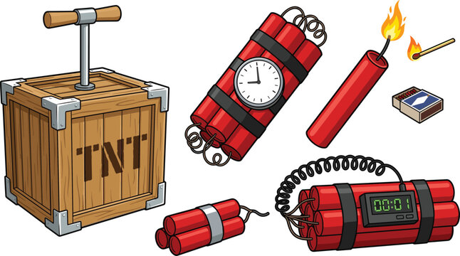 Dynamite explosive bomb vector illustration set featuring wooden tnt detonator crate bundles with clock timer matchsticks and digital countdown display