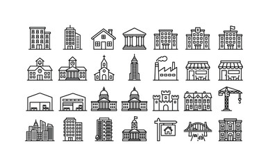 Obraz premium Urban Building Types. Line icon set of city building icons: apartment building, office tower, house, bank, hospital, hotel, school, university, church, skyscraper, factory, warehouse, government