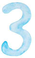 Fototapeta premium Watercolor sky blue number 3, pastel element, isolated illustration for monthly milestone cards