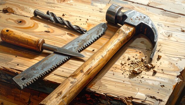 Still life composition of carpentry tools, including a hammer, saw, drill bit, resting on a worn wooden surface, detailed artistic rendering