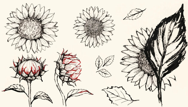 Hand-drawn sunflower flowers, leaves, and buds sketch illustration set