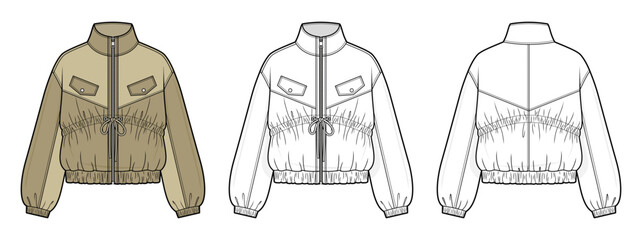 Cinched Waist Cropped Utility Jacket Technical Fashion Illustration. Zip-Up Outerwear Vector Template. Front and Back View. Flap Chest Pockets. Technical Outerwear CAD Mockup. © aiven studio