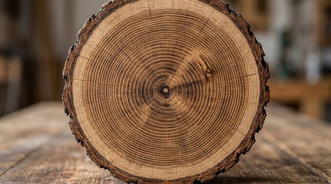 Natural tree trunk cross section background, wooden stump with detailed annual rings, rustic timber texture and copy space