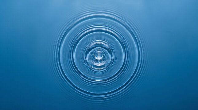 Abstract blue water ripple background, top view of circular waves splash, clean liquid textures with calm drop concentric rings and copy space