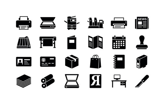 Print Shop Equipment. Solid glyph icon set of printing house and typography: printer, scanner, photocopier, offset press, lamination machine, newspaper, paper cutter, plotter, booklet, leaflet,