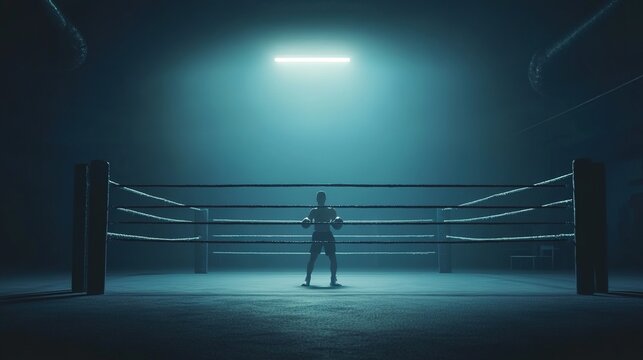 shadowboxing. A lone boxer shadowboxing in an empty circular training ring. event key visuals, club posters, designed for sports event promotions and stadium branding, used by sports marketers.