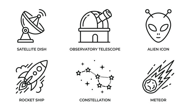Celestial bodies and space exploration technology line icons.