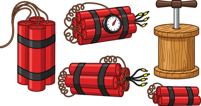 Dynamite stick and explosive bomb vector illustration set featuring red tnt bundles with fuse wire timer clock and vintage detonator plunger