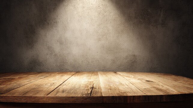 Wooden Table with Warm Lighting Exposure Against Grunge Wall