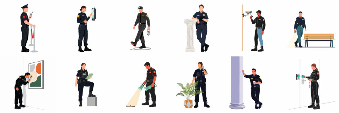 Set of security guards and police officers in uniform performing various surveillance, monitoring, and protection tasks isolated on white background.
