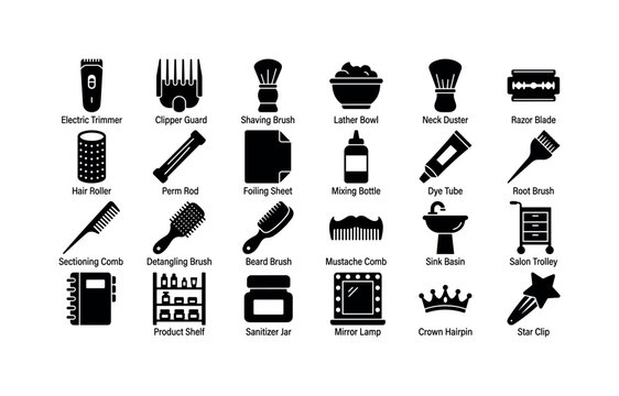 Barber Beauty Marks. Solid glyph icon set of hairstyling tools and salon objects: electric trimmer, clipper guard, shaving brush, lather bowl, neck duster, razor blade, hair roller, perm rod, foiling