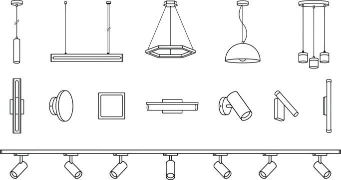Set of modern lighting fixtures, pendant lights, wall lamps and track lights, vector illustration isolated on white background transparent background