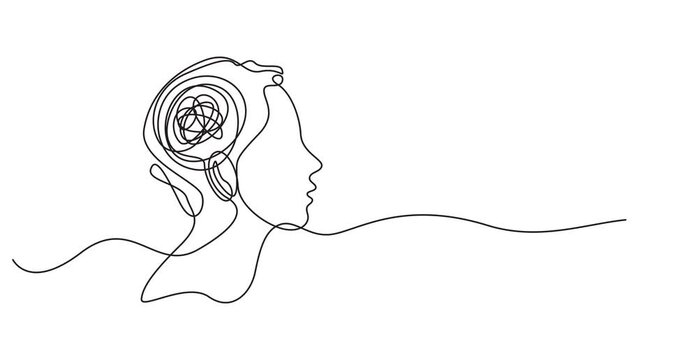Head with confused thoughts one line art animation, hand drawn continuous contour drawing motion. Mental health concept, muddled feelings,worry and anxiety online,template outline.4k self-drawing