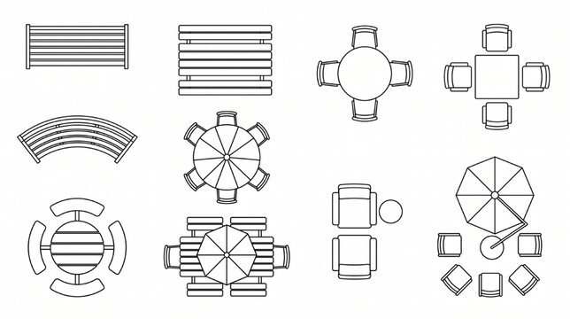 Architectural Outdoor Furniture CAD Block Sheet Top View Seating Symbols Vector Collection