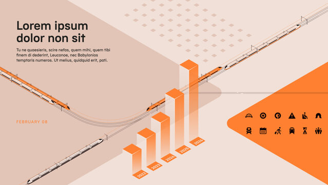 High-speed trains and the economics of passenger transportation by rail. A cover template for a presentation or report. Isometric projection
