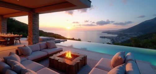 Naklejka premium Luxury villa patio with infinity pool and ocean view at sunset. Comfortable seating area features outdoor fireplace and dining table. Perfect for relaxation, parties, and romantic evenings.