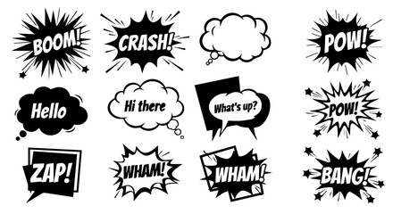 Comic book speech bubbles with various expressions and effects are displayed. © fatema