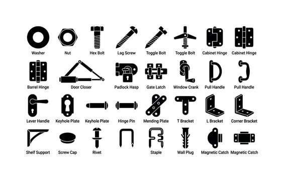 Builder Fixing Parts. Solid glyph icon set of construction hardware accessories: washer, nut, hex bolt, lag screw, toggle bolt, cabinet hinge, barrel hinge, door closer, padlock hasp, gate latch,