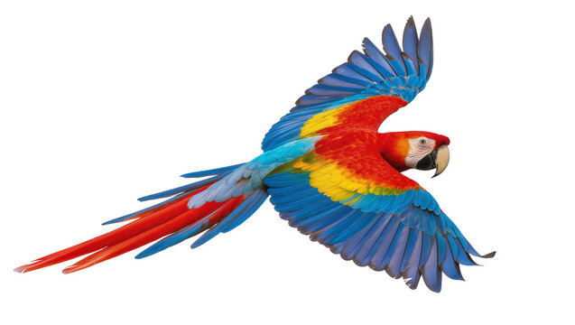 Scarlet Macaw parrot flying with wings spread wide