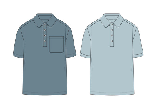 Polo shirt technical flat sketch front and back view,
Classic short sleeve polo shirt fashion technical drawing,
Mens polo shirt apparel template with chest pocket,
Collared polo shirt tech pack 