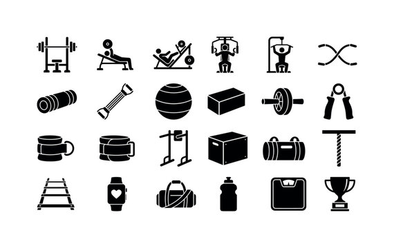 Fitness Training Symbols. Solid glyph icon set of gym and fitness equipment: squat rack, bench press, leg press machine, chest press machine, lat pulldown, battle rope, foam roller, resistance band,