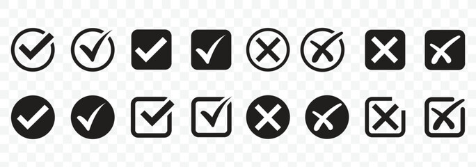 Green check mark and red cross icon set, circle and square. Tick symbol in green color. Hand drawn checkmark illustration. set button correct right wrong buttons or yes or no checkmark © top3