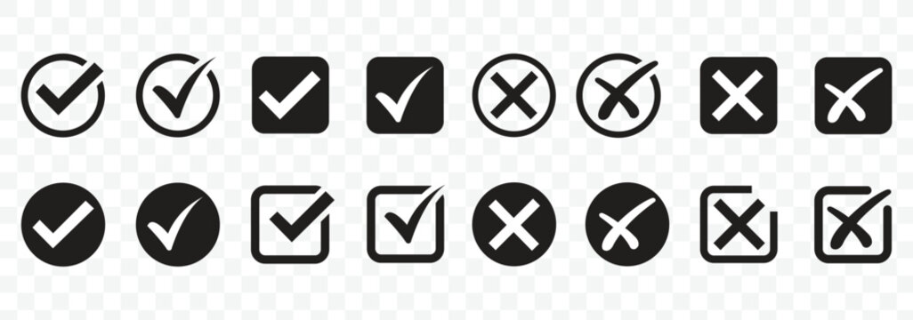Green check mark and red cross icon set, circle and square. Tick symbol in green color. Hand drawn checkmark illustration. set button correct right wrong buttons or yes or no checkmark
