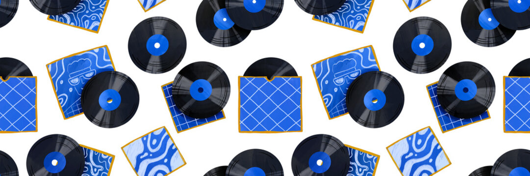 Seamless pattern with retro vinyl records and blue covers featuring a cool guy in sunglasses for 80s theme birthday parties Father Day and nostalgic nineties events