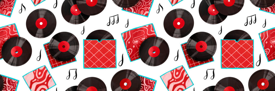 Hand drawn musical seamless background with retro vinyl records and black notes for World Music Day celebration invitations jazz festival posters and disco New Year party