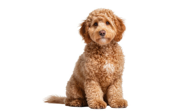 Fluffy golden doodle puppy sitting attentively