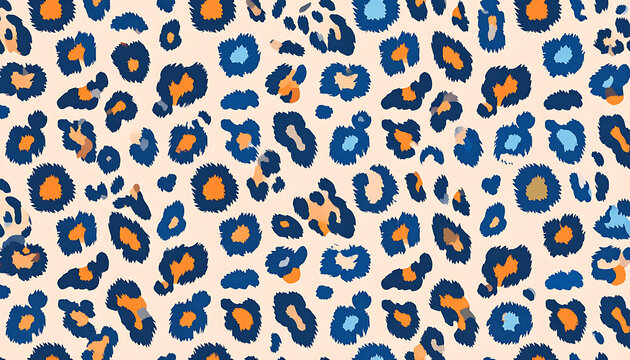 Seamless leopard print pattern with blue, orange, and beige spots, wild animal skin texture, fashion fabric design