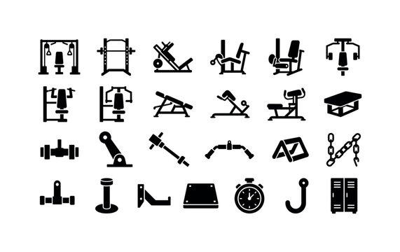 Gym Frame Hardware. Solid glyph icon set of fitness icons with pulley bench press rack: cable crossover, power cage, hack squat machine, leg curl machine, leg extension machine, pec deck, shoulder