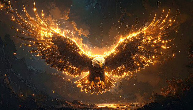 Fiery eagle with glowing wings flying in the night sky