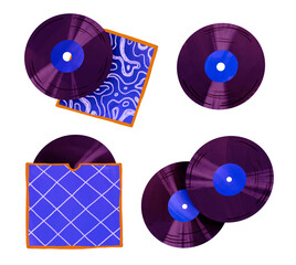Fototapeta premium Horizontal border template with hand drawn vinyl records and blue covers design for retro musical website banner or world music day social media post