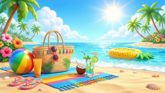 Tropical beach setup with colorful towel, wicker bag, beach ball and inflatable pineapple. Summer vacation essentials including coconut drink and sunscreen on sandy shore. Relaxing seaside scene for