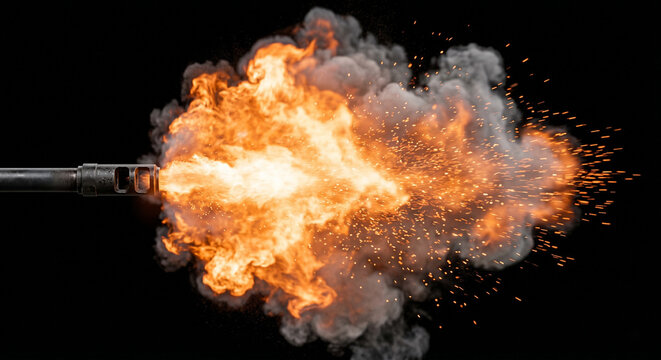 Heavy rifle muzzle flash with expanding explosive fire and sparks, isolated on transparent background