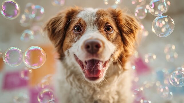 frolic. A joyful dog playing among soap bubbles, surrounded by a soft and colorful background. wildlife magazines, conservation campaigns, designed for wildlife conservation campaigns.