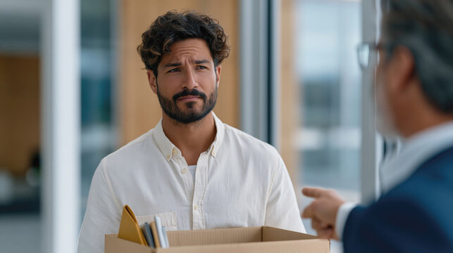 Worried employee holds a box of belongings during a difficult termination conversation with a manager in an office.
