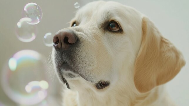 frolic. A joyful dog playing among soap bubbles, surrounded by a soft and colorful background. wildlife magazines, conservation campaigns, designed for wildlife conservation campaigns.