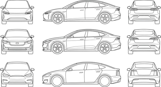 Set of electric car blueprints, front, side and rear views of modern sedan vehicles, outline technical drawing of electric automobiles transparent background
