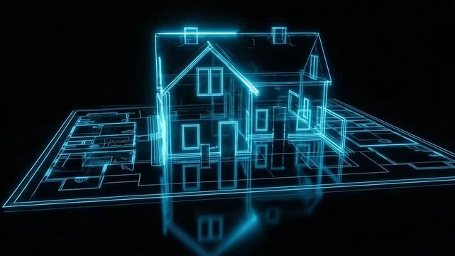 Digital blue 3D architectural blueprint of modern residential house.