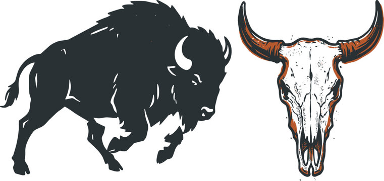 Vintage Bison and Longhorn Skull Vector Illustration Set Featuring Wild Buffalo Silhouette and Western Animal Emblems for Rustic Branding Designs