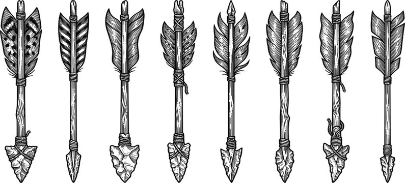 Vintage Hand Drawn Arrow Collection Featuring Primitive Stone Arrowheads, Feathered Shafts, Tribal Hunting Weapons, and Rustic Engraved Illustration Elements